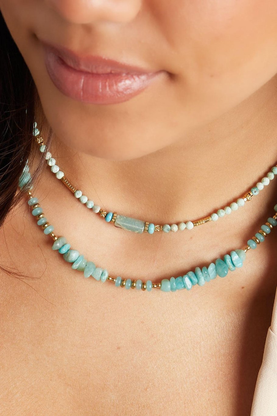 Necklace many beads - Natural stones collection Turquoise &amp; Gold Color Stainless Steel Picture3